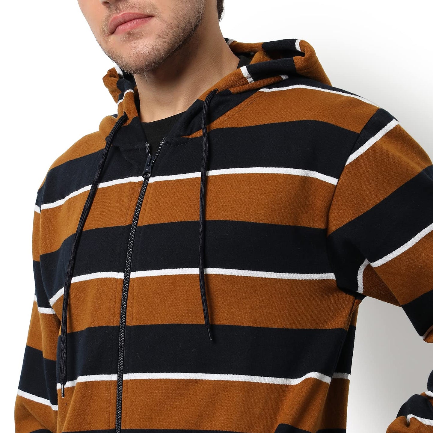 Men's Brown & Black Striped Regular Fit Full Zip Color Blocked Hooded Sweatshirt - Casual Sweatshirt for Men