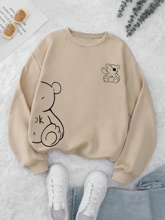 Women's Fleece Round Neck Regular Fit Beige Sweatshirt - Casual Winter Wear