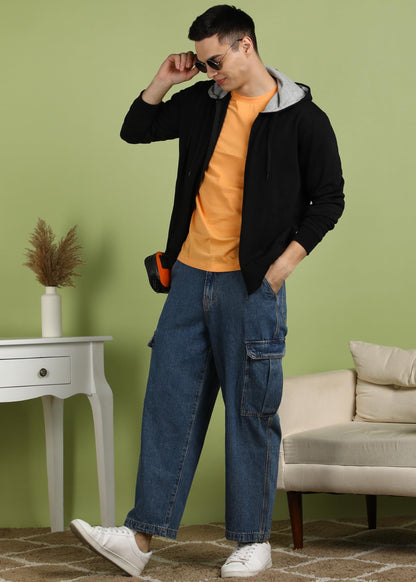 Men’s Solid Zipper Hooded Black Sweatshirt | Ribbed Hem, Lined Hood, Side Pockets, Durable Zip