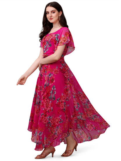 Fashion2wear Women's Georgette Flower Digital Printed Casual Full Length Stylish Dress (Pink)