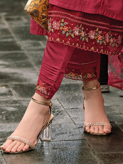 INDO ERA Women's Red Embroidered Silk Blend A-Line Kurta Trouser with Dupatta Set (Ieout7377_Xx-Large, Regular Fit)