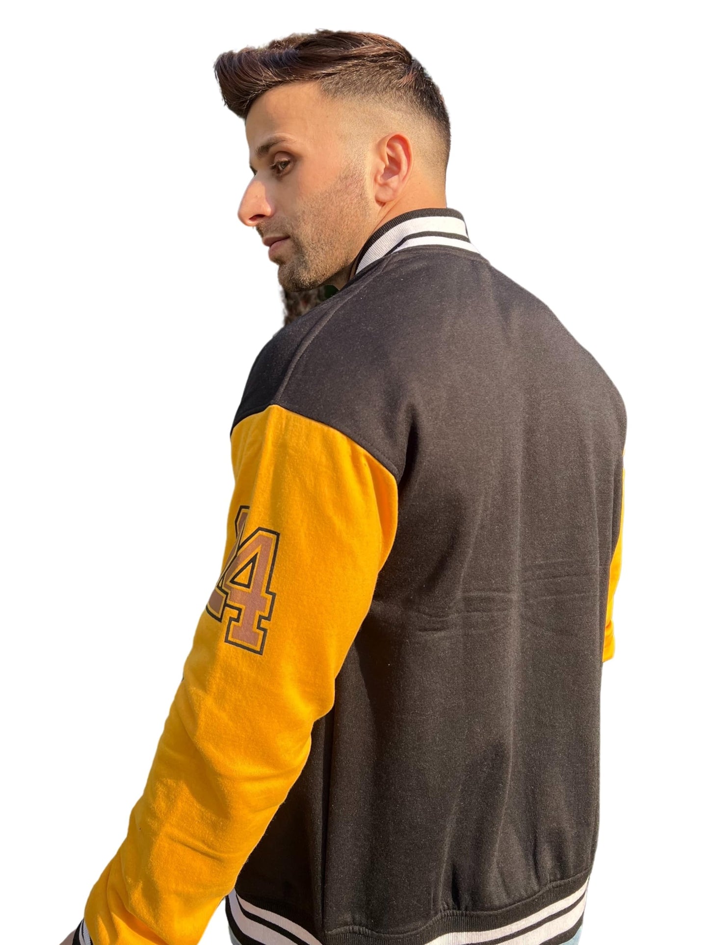 Men's Fleece Standard Length Varsity Black and Yellow Typography Jacket - Stylish Casual Streetstyle Winterwear