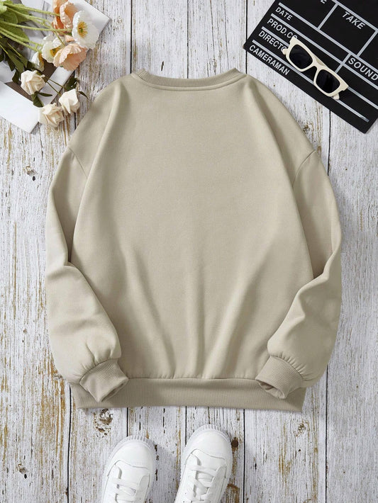 Women's Fleece Round Neck Regular Fit Beige Sweatshirt - Casual Streetwear Style