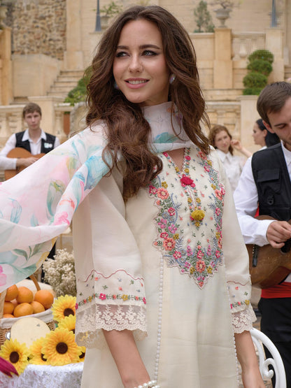 INDO ERA Women's Off White Silk Blend Embroidered A-Line Kurta and Pant with Dupatta Set (IEOUT6682_XX-Large)