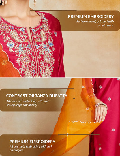 Myx Women's Embroidered Fuschia Kurta Set with Organza Dupatta