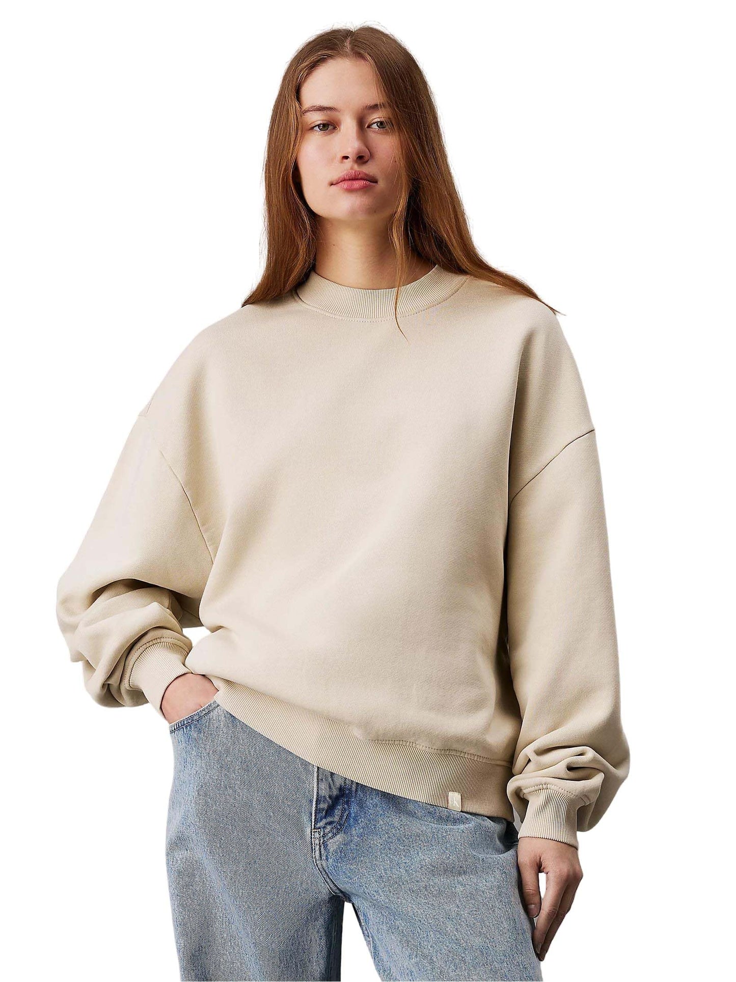 Women's Fleece Beige Oversized Sweatshirt - Solid Pattern with Classic Round Neck