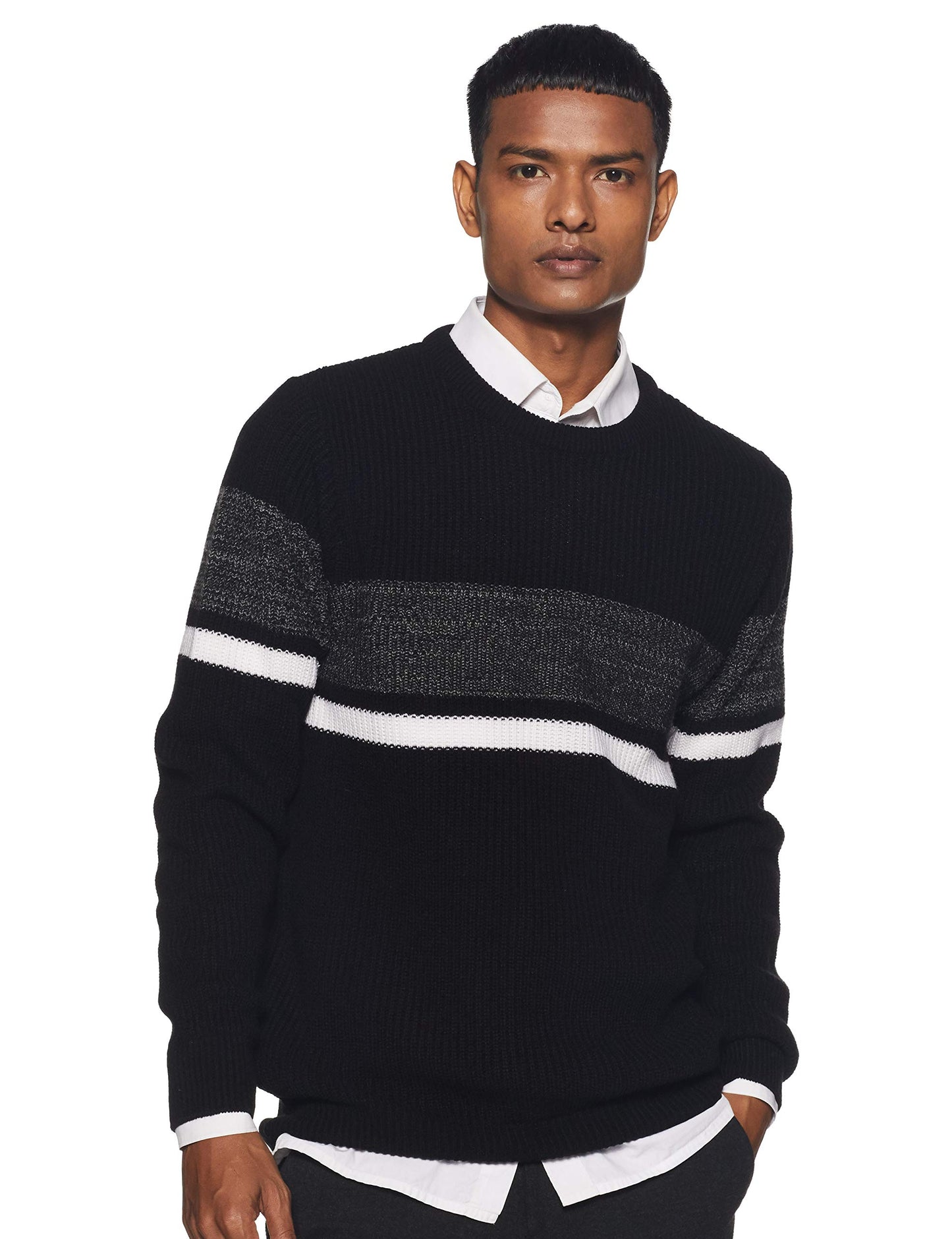 Men's Round Neck Acrylic Striped Black Sweater - Stylish Casual Winter Wear