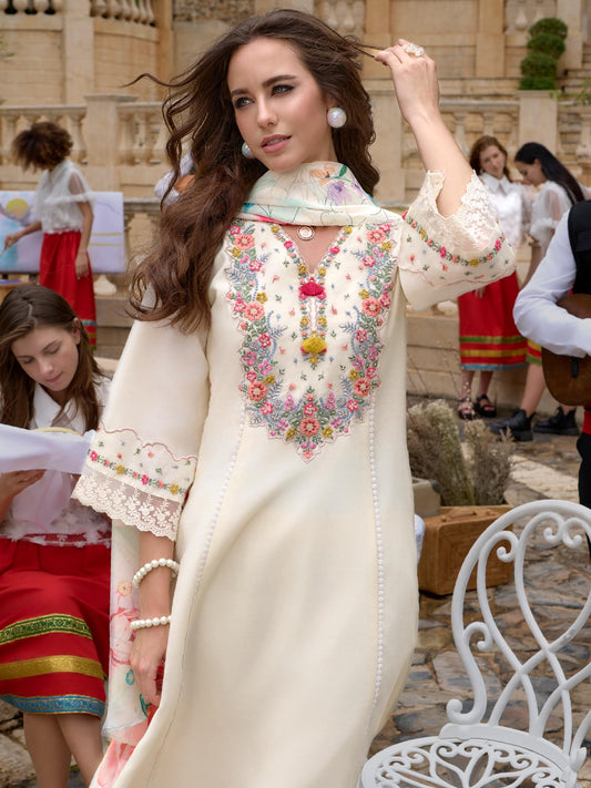 INDO ERA Women's Off White Silk Blend Embroidered A-Line Kurta and Pant with Dupatta Set (IEOUT6682_XX-Large)