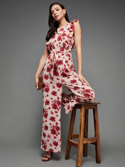 Miss Chase Women's Round Neck Sleeveless Floral Wide Leg Regular Jumpsuit with Pockets (MCAW21D04-90-233-04, Multicolored-Base-Light Pink)