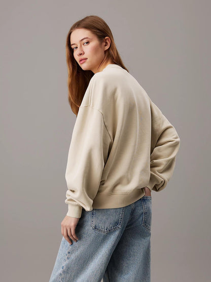 Women's Fleece Beige Oversized Sweatshirt - Solid Pattern with Classic Round Neck
