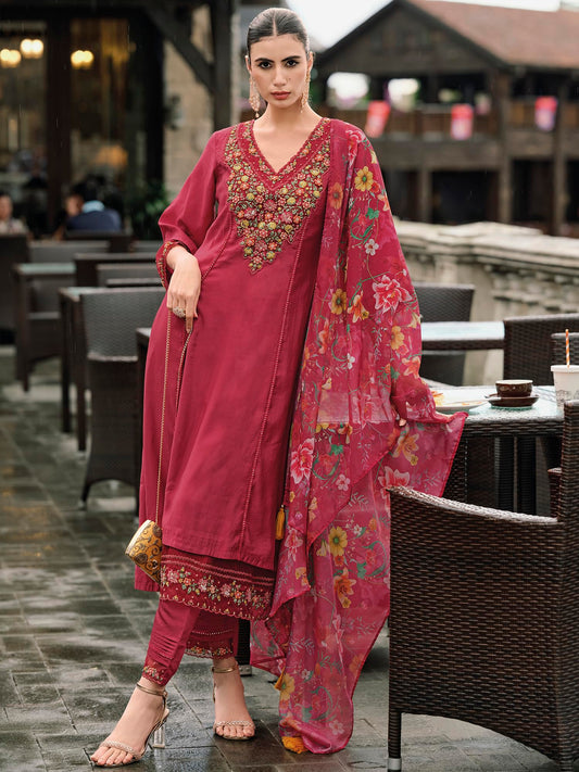 INDO ERA Women's Red Embroidered Silk Blend A-Line Kurta Trouser with Dupatta Set (Ieout7377_Xx-Large, Regular Fit)