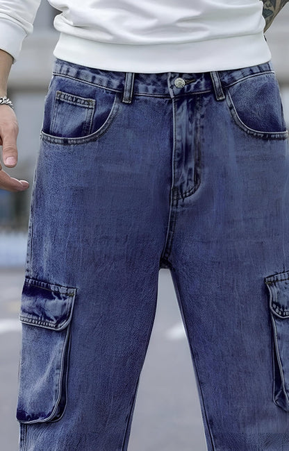 Ben Martin Men's High Rise Stretchable Baggy Loose Fit Oversized Wide Leg Box Roomy Pocket Casual Regular Wear Denim Dark Blue Cargo Jeans