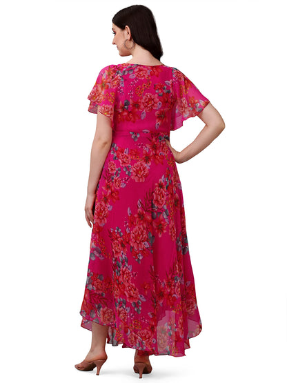Fashion2wear Women's Georgette Flower Digital Printed Casual Full Length Stylish Dress (Pink)
