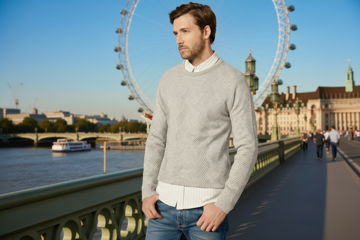 Men's Acrylic Full Sleeves Round Whitish Melange Sweater - Stylish Urban Dressy Winter Wear