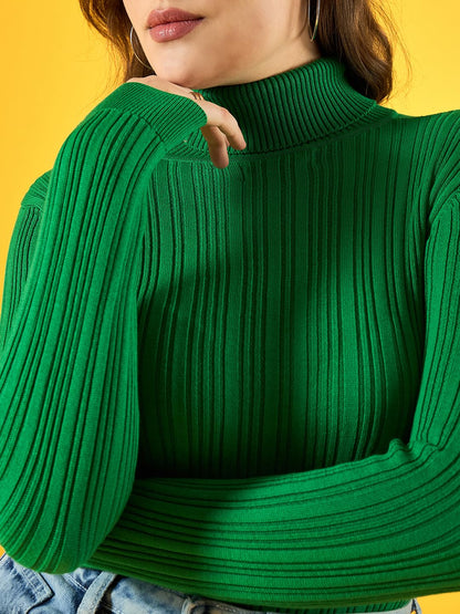 Women's Acrylic Turtle Neck Full Sleeve & Straight Hem Green Sweater