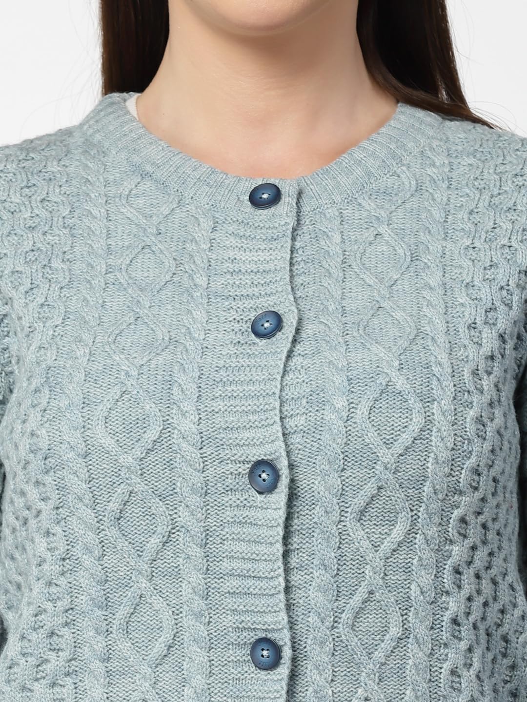 Women's Woolen Acrylic Full Sleeve Round Neck Cable Design Light Denim Cardigan -  Stylish Woolen Winter Sweater