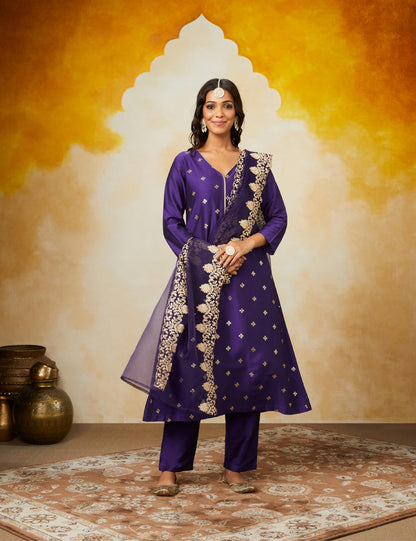 Amazon Brand - Myx Women's Kurta Pant Set with Embroidered Organza Dupatta | Viscose,Rayon | A-line fit (AW24-MYX-SKD-VN-07_Deep Purple_M)