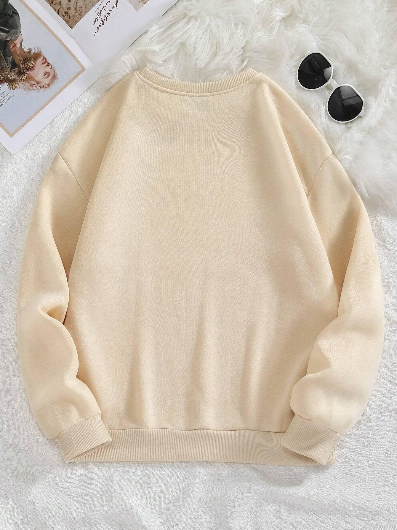 Women's Fleece Regular Fit Round Neck Beige Sweatshirt - Perfect for College Campus & Outings