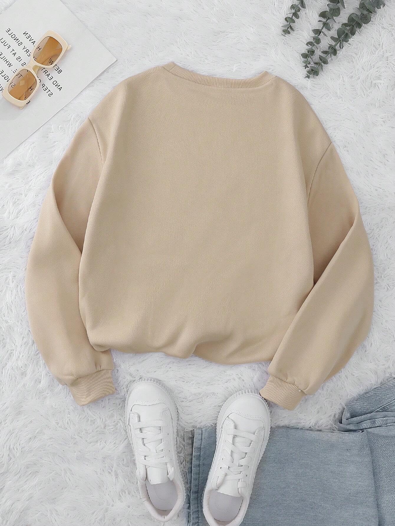 Women's Fleece Round Neck Regular Fit Beige Sweatshirt - Casual Winter Wear