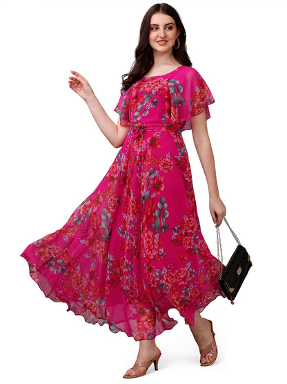 Fashion2wear Women's Georgette Flower Digital Printed Casual Full Length Stylish Dress (Pink)