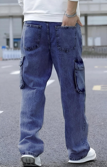 Ben Martin Men's High Rise Stretchable Baggy Loose Fit Oversized Wide Leg Box Roomy Pocket Casual Regular Wear Denim Dark Blue Cargo Jeans