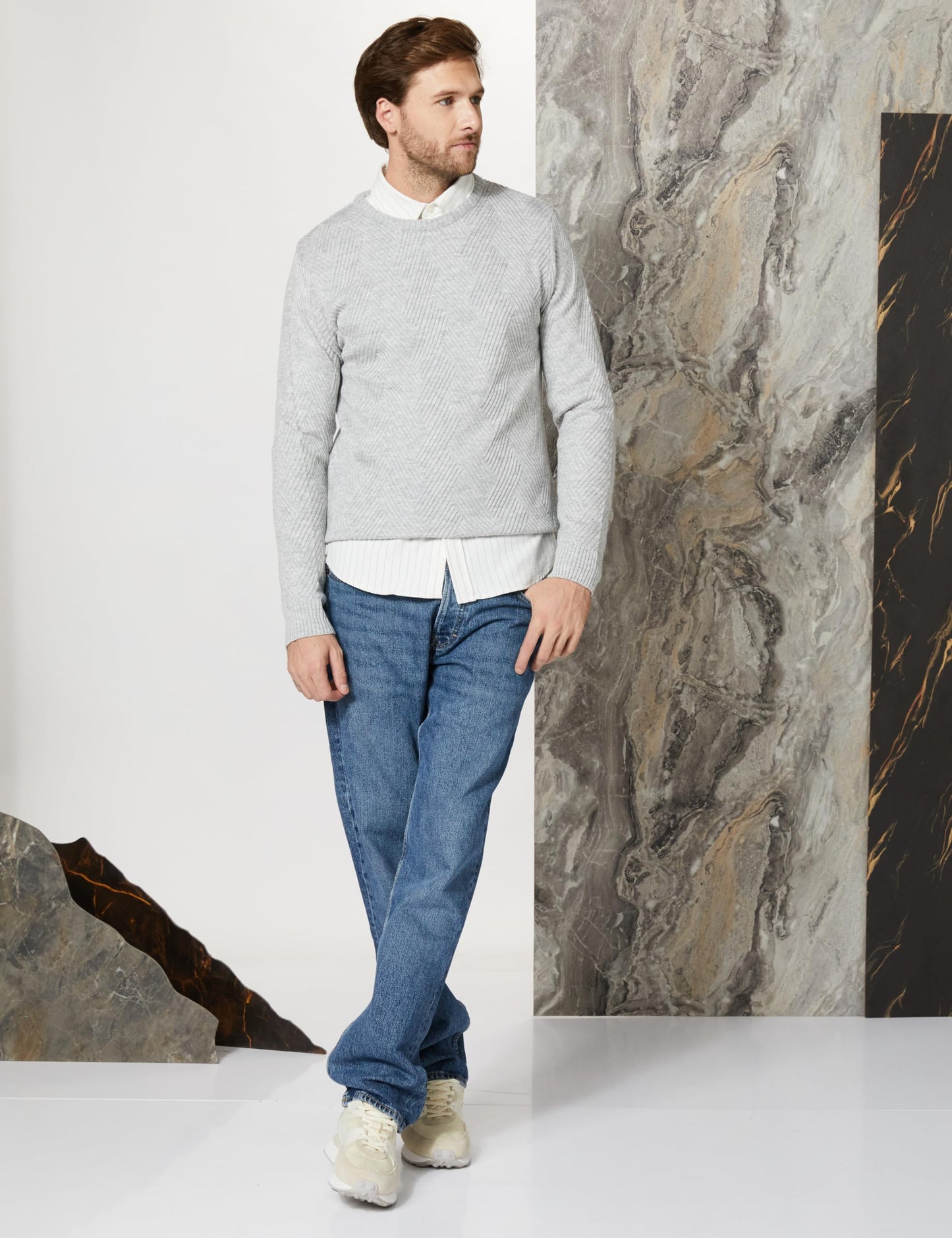 Men's Acrylic Full Sleeves Round Whitish Melange Sweater - Stylish Urban Dressy Winter Wear