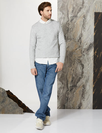 Men's Acrylic Full Sleeves Round Whitish Melange Sweater - Stylish Urban Dressy Winter Wear