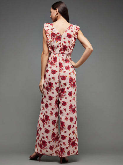 Miss Chase Women's Round Neck Sleeveless Floral Wide Leg Regular Jumpsuit with Pockets (MCAW21D04-90-233-04, Multicolored-Base-Light Pink)