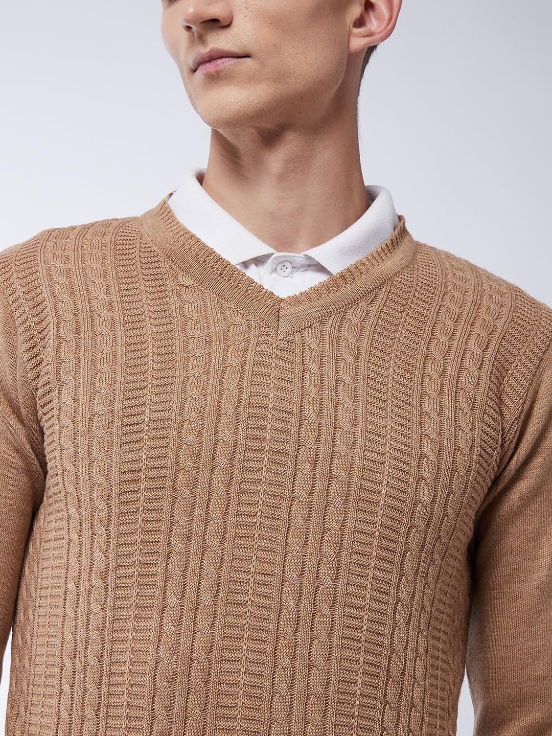 Men's V Neck Full Sleeves Solid Beige Sweater - Warmth and Style for The Winter Season