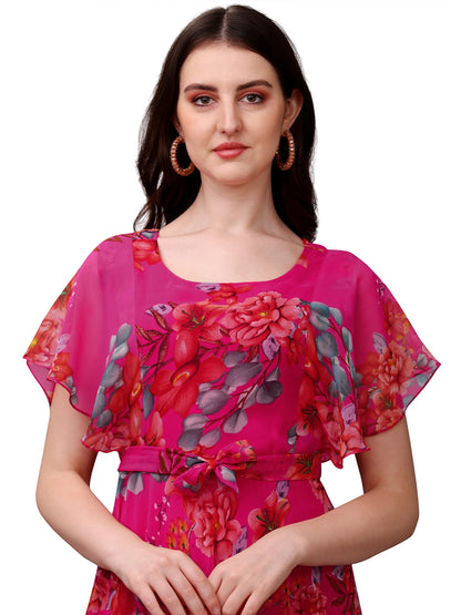 Fashion2wear Women's Georgette Flower Digital Printed Casual Full Length Stylish Dress (Pink)
