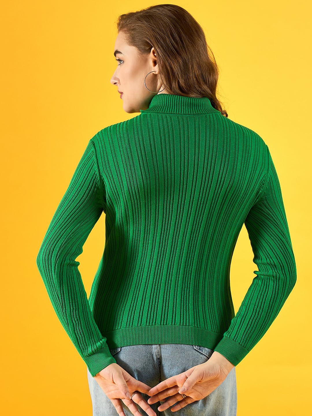 Women's Acrylic Turtle Neck Full Sleeve & Straight Hem Green Sweater