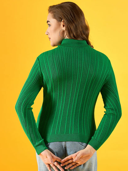 Women's Acrylic Turtle Neck Full Sleeve & Straight Hem Green Sweater