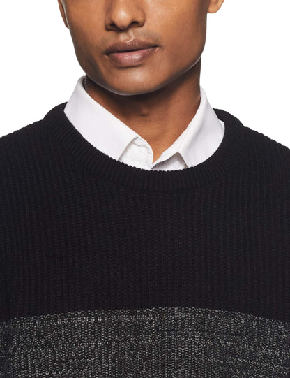 Men's Round Neck Acrylic Striped Black Sweater - Stylish Casual Winter Wear