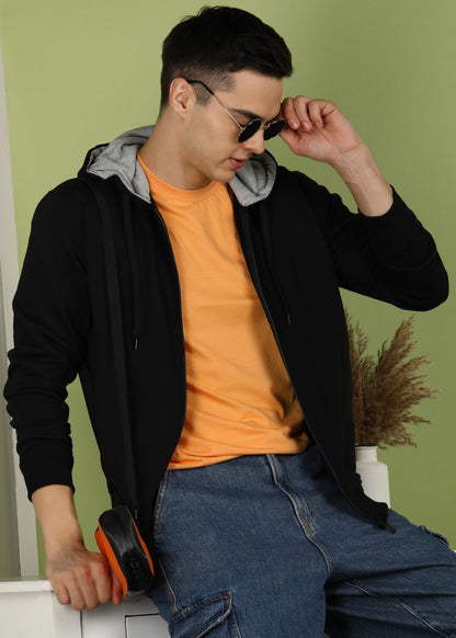 Men’s Solid Zipper Hooded Black Sweatshirt | Ribbed Hem, Lined Hood, Side Pockets, Durable Zip