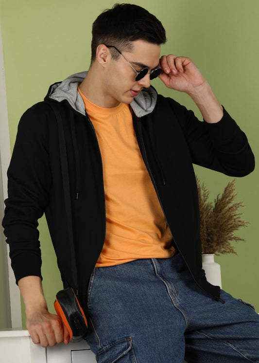 Men’s Solid Zipper Hooded Black Sweatshirt | Ribbed Hem, Lined Hood, Side Pockets, Durable Zip