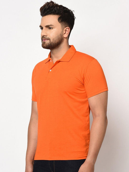 Men’s Orange Cotton-Blend Solid Polo T-Shirt – Half Sleeves, Regular Fit