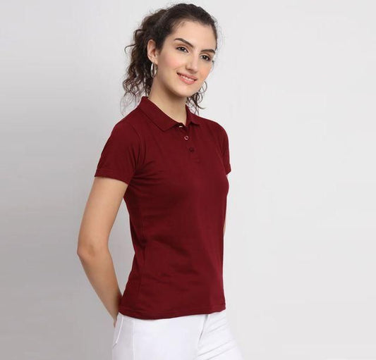 Women’s Maroon Cotton Blend Polo Neck T-Shirt – Casual Half Sleeve Tee for Smart Everyday Comfort