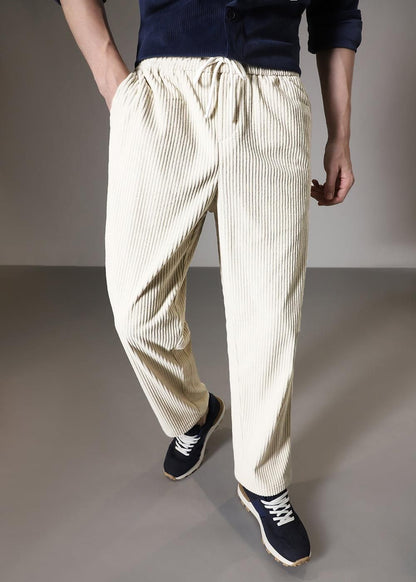 Men’s Light Khaki Corduroy Casual Trousers – Solid Ribbed Pants for Streetwear & Everyday Wear