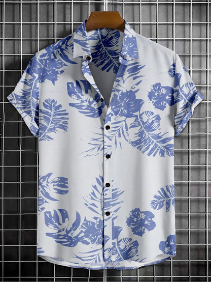 Men’s White & Navy Blue Cotton Printed Casual Shirt – Half Sleeves, Regular Collar, Stylish Everyday Wear
