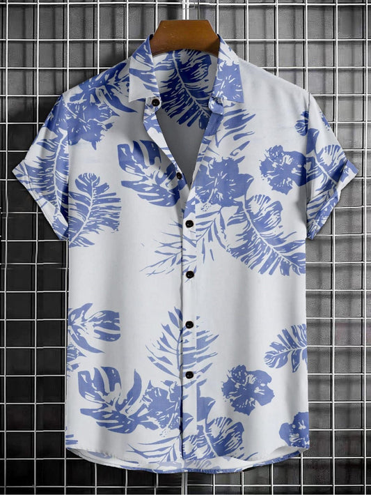 Men’s White & Navy Blue Cotton Printed Casual Shirt – Half Sleeves, Regular Collar, Stylish Everyday Wear