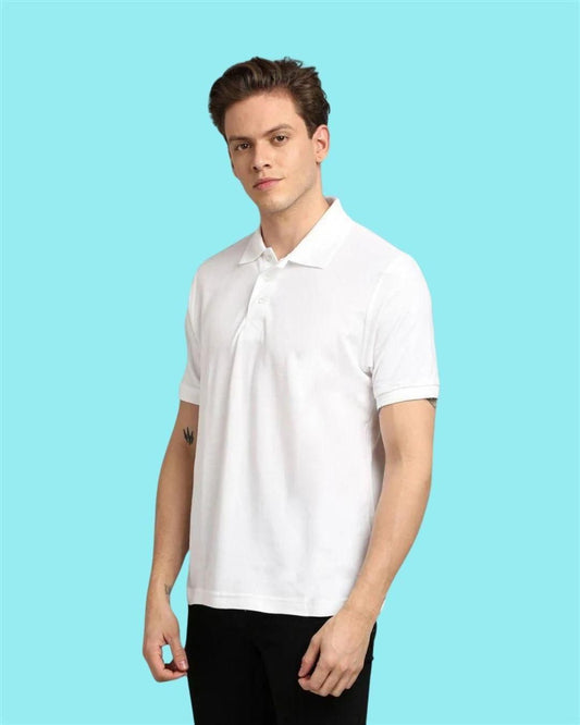 Men’s White Solid Matty Polo T-Shirt – Regular Fit, Half Sleeves, Casual Wear