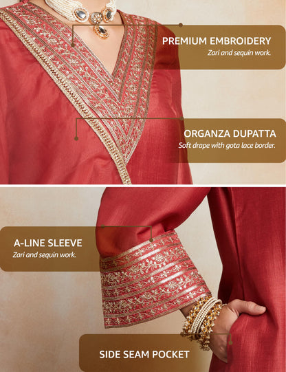 Amazon Brand - Myx Women's Embroidered Pakistani Suit Set with Organza Dupatta - Rust