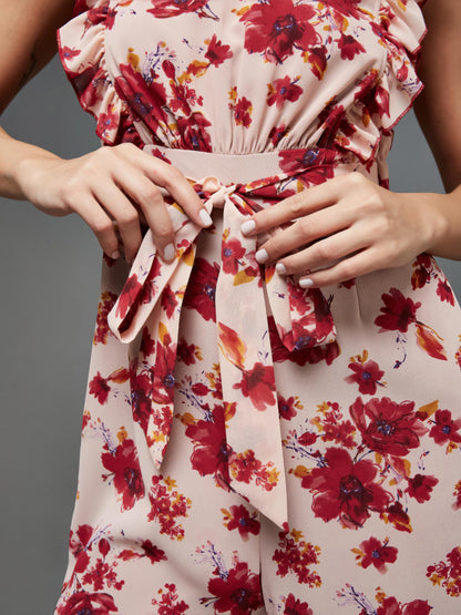 Miss Chase Women's Round Neck Sleeveless Floral Wide Leg Regular Jumpsuit with Pockets (MCAW21D04-90-233-04, Multicolored-Base-Light Pink)