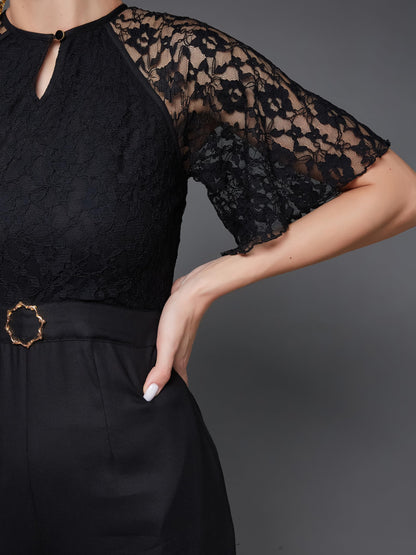 Miss Chase Women's Round Neck Flared Sleeve Floral Regular Jumpsuit with Pockets (MCSS23D79-02-62-03, Black, S)