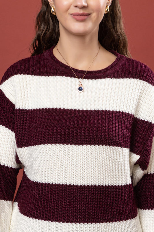 Women's 100% Wool Color Block Stripe Full Sleeve Round Neck Pullover Sweater for Winter Season