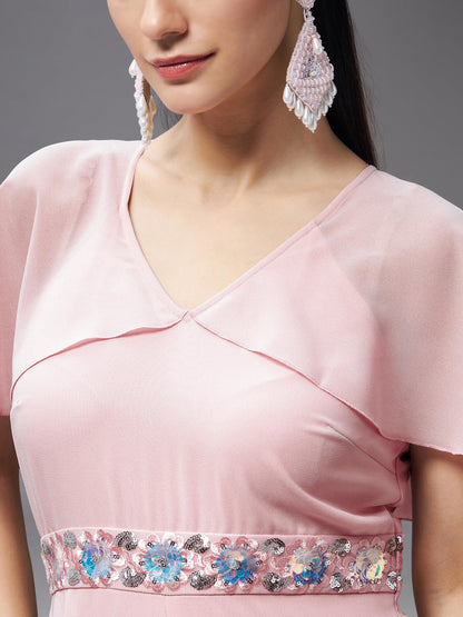 Miss Chase Women's Georgette V-Neck Cape Solid Layered Regular Jumpsuit (MCSS23D15-61-157-04, Light Pink)