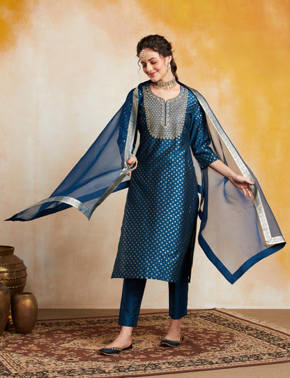 Myx Women's Embroidered Teal Kurta Set with Organza Dupatta