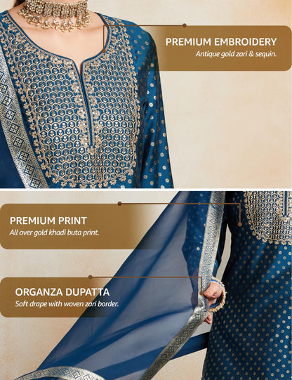 Myx Women's Embroidered Teal Kurta Set with Organza Dupatta