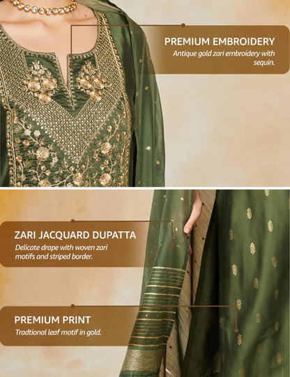 Myx Women's Embroidered Green Kurta Set with Designer Jacquard Dupatta
