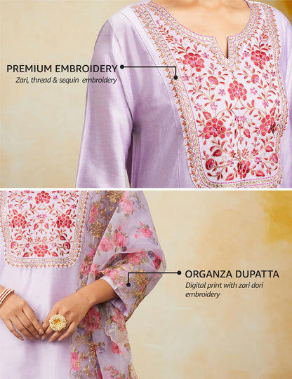 Amazon Brand - Myx Women's Kurta Pant Set with Embroidered Organza Dupatta | Viscose,Rayon | A-line fit (AW24-MYX-SKD-VN-06_Lilac_L)